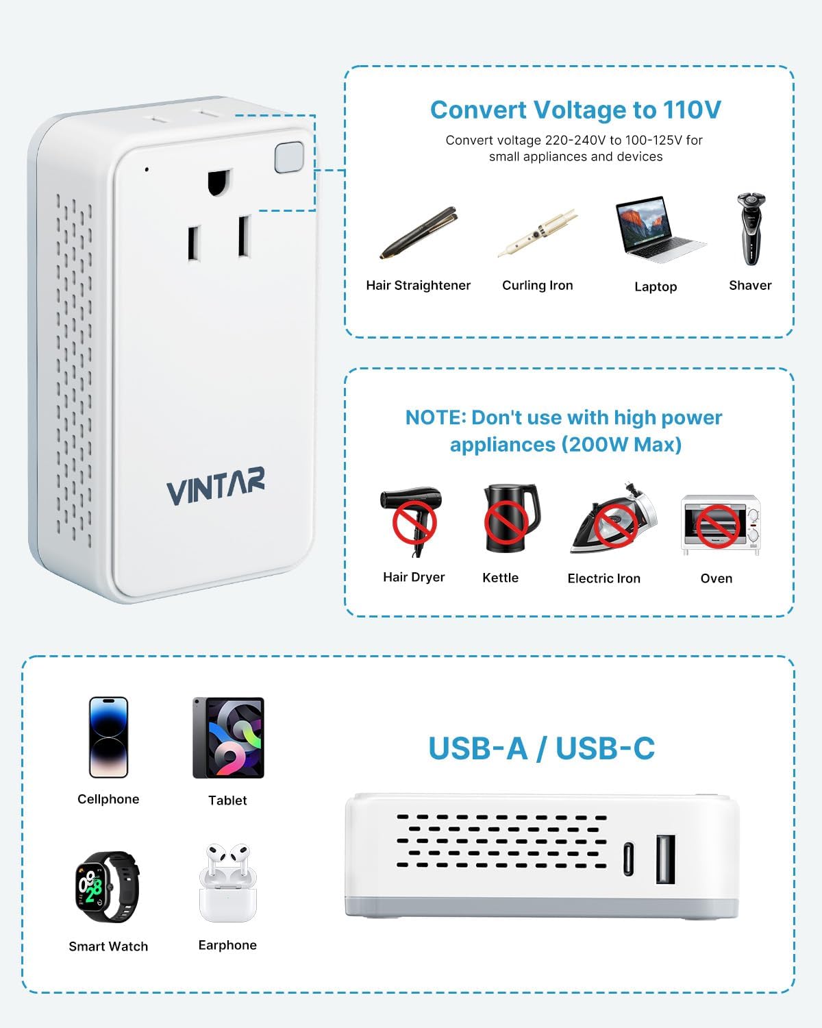 220V to 110V Converter for European Travel, VINTAR 200W Mini Universal Travel Adapter Voltage Converter US to Europe, International Step Down Power Converter Adapter Combo for EU UK AUS India - Image 4