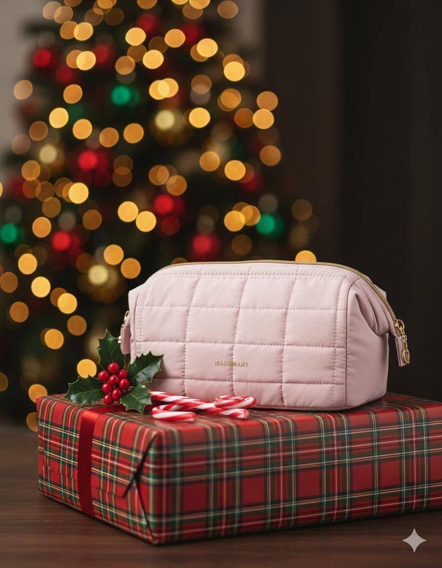 BAGSMART Makeup Bag Travel Toiletry Bag, Puffy Padded Make Up Bags for Women Makeup Organizer Case, Wide-open Pouch Purse Travel Essentials Toiletries Accessories Brushes, Pink - Image 2