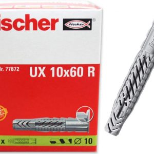 fischer Universal Plug UX 3/8 x 2 3/8″ (10x60mm) R with Rim 50pcs Nylon Universal Operating Principle (Knotting or Expanding) Use in All Solid, Hollow and Board Building Materials