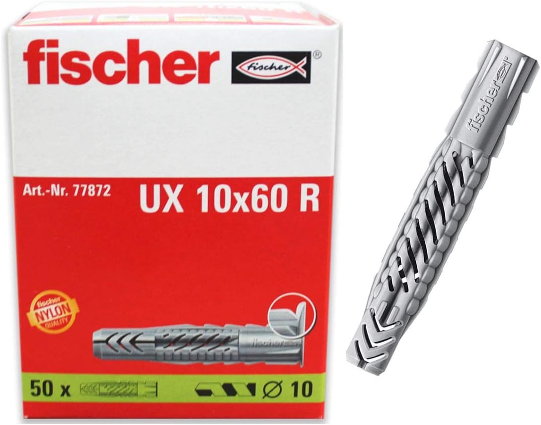fischer Universal Plug UX 3/8 x 2 3/8" (10x60mm) R with Rim 50pcs Nylon Universal Operating Principle (Knotting or Expanding) Use in All Solid, Hollow and Board Building Materials