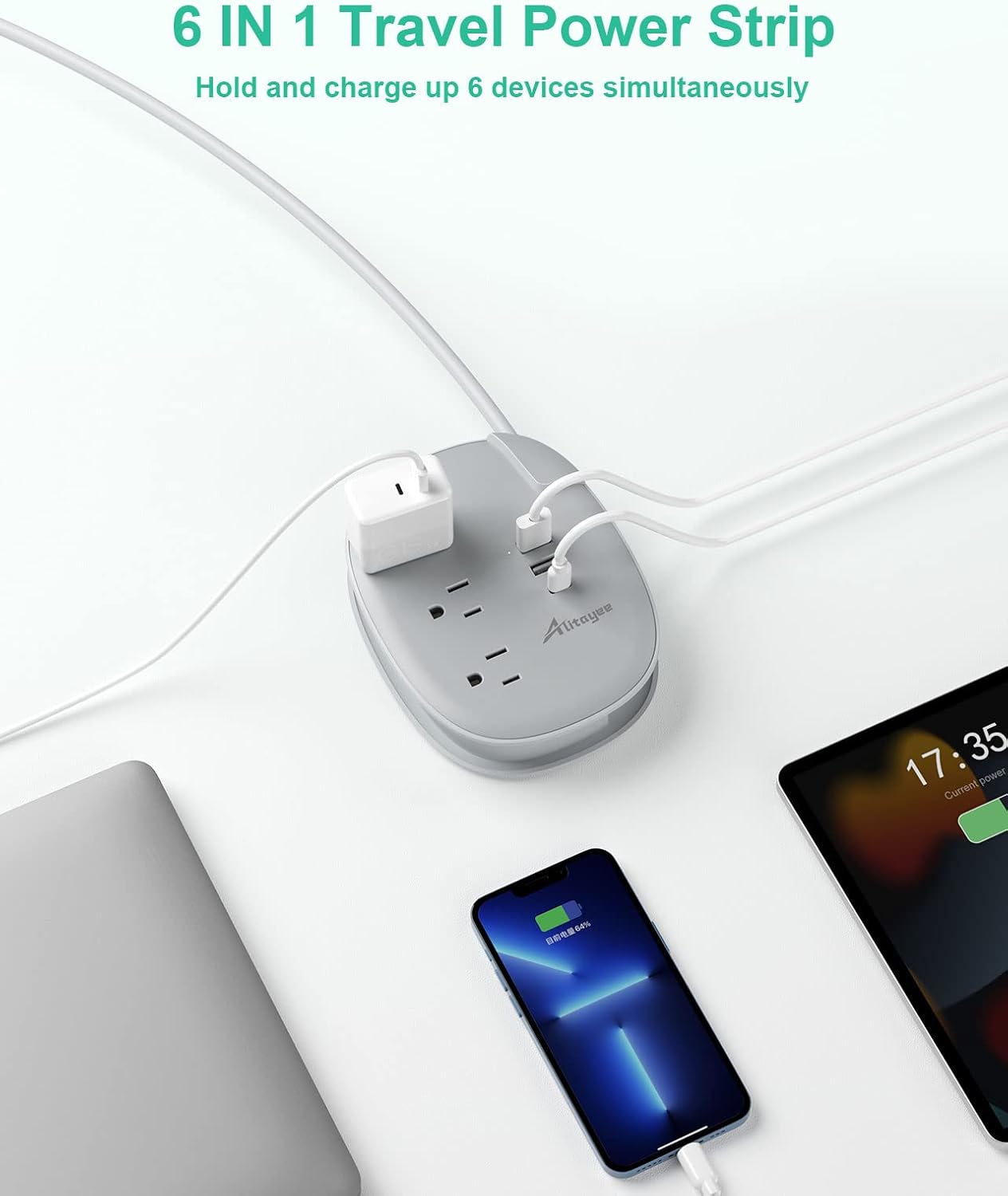 Alitayee USB C Portable Travel Power Strip with 3 Outlets 3 USB Ports Fast Charge, USB Extendable Outlet Extender with Flat Plug and 3ft Wrapped Around Extension Cord for Cruise Travel Home Office - Image 3