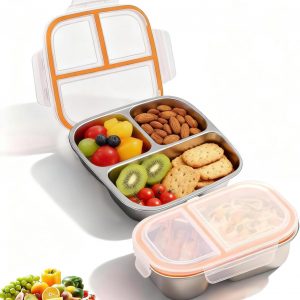 Stainless Steel Snack Containers, 2-Tier 800ml + 3-Compartment 600ml Leakproof Food Storage Boxes with Lids, Secure Lock Keep Fresh for Office Work Travel Picnic Adults Kids Lunch Use