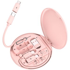 Multi USB Charging Adapter Cable Kit, USB C to iOS Device Adapter Box, Conversion Set A & Type C to Male Micro/Type C/iOS Device, Data Transfer, Card Storage, Tray Eject Pin, Phone Holder (Pink)