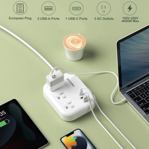 European Travel Plug Adapter, ROOTOMA 6ft International Power Strip 3 American Outlets, 3 USB Charger, US to Europe Plug Aadaptor, US to EU Power Adapter, for Spain France Germany Iceland, White