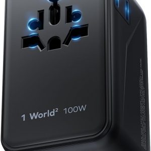 MOMAX 6-in-1 Universal Travel Adapter, GaN 100W International Power Adapter, 2 AC, 2 USB-C PD Fast Charging & 2 USB-A QC, All-in-one International Plug Adapter for Travel European UK AUS JP