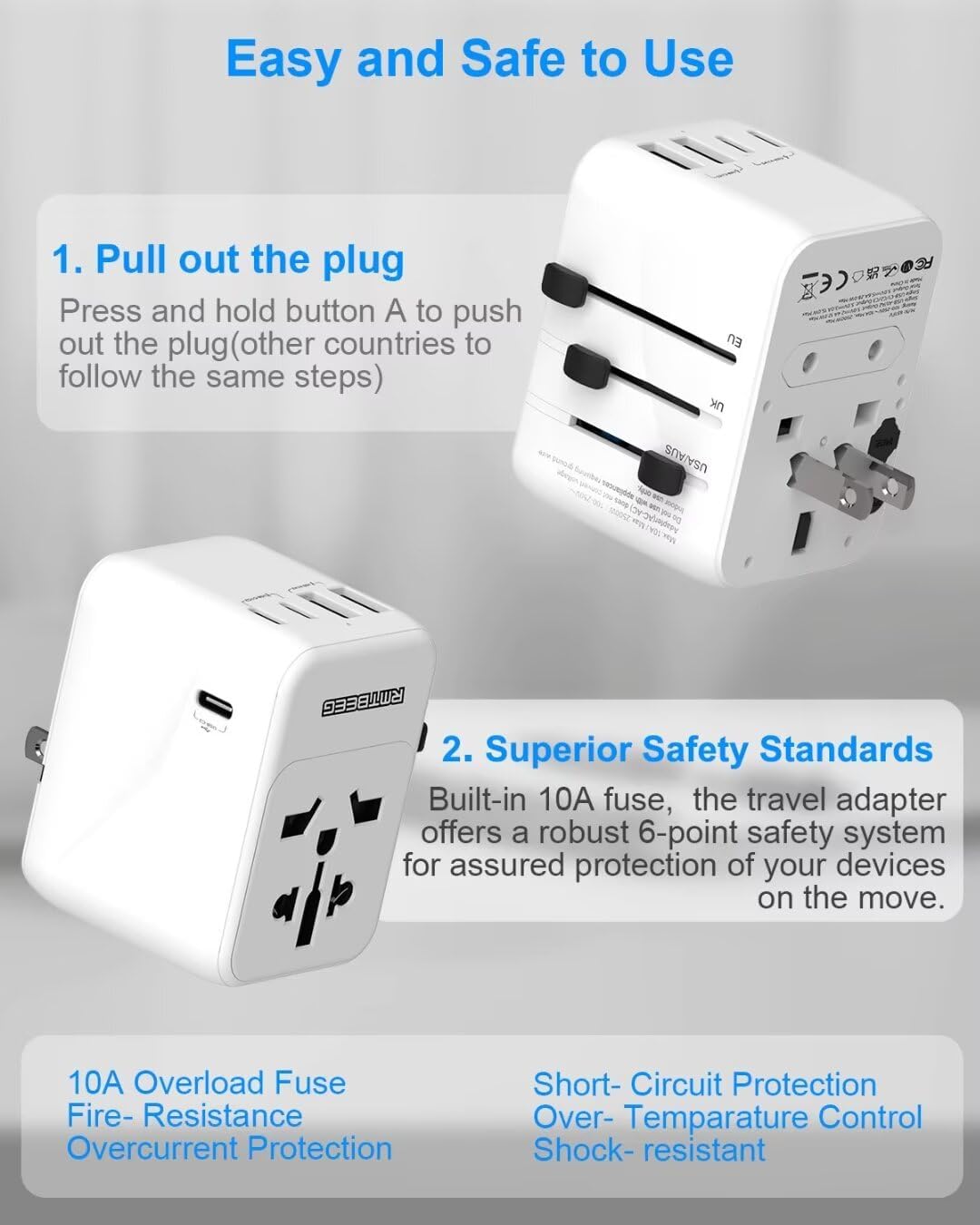 Universal Travel Adapter, International Power Plug Adapter with 3 USB-C & 2 USB-A Ports, All-in-One Worldwide Wall Charger for US EU UK AUS, Compatible with Type C/G/A/I Plugs for Travel - Image 6