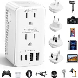 2500W Voltage Converter US to Europe, 220V to 110V Converter for European Travel, Power Converter Adapter Combo with 2 USB-A 2 USB-C, UK/AU/US/IT/European Travel Plug Adapters for Hair Dryer