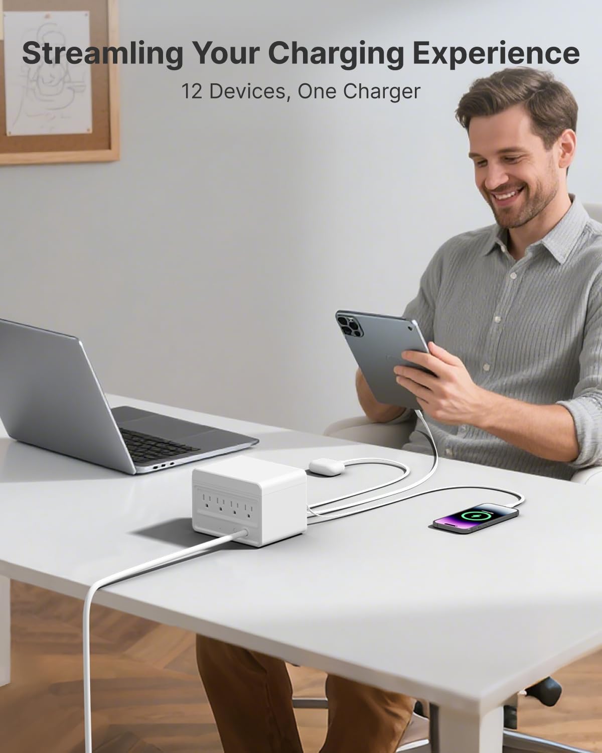 Gitryin 12-in-1 Desktop Charging Station with 4 Retractable Wall Chargers, 40W USB-C Power Strip with 4 AC, 4 USB C, 4 Type-C 33.5in Cables, Extension Cord with 1020J Surge Protection for Home Office - Image 4