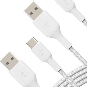 Belkin BoostCharge Braided USB-C to USB-A Charging Cable (3.3ft/1M) for iPhone 17 & 16 Series, Samsung Galaxy S25 Series, Google Pixel 10, iPad Pro, Nintendo Switch 2, Carplay, & More – White (2-Pack)