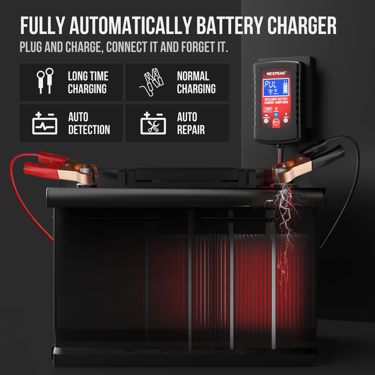 1.75-Amp Car Battery Charger, 6V and 12V Smart Fully Automatic Battery Charger Maintainer, Trickle Charger, Battery Desulfator for Car, Lawn Mower, Motorcycle, Boat, Marine Lead Acid Batteries - Image 4