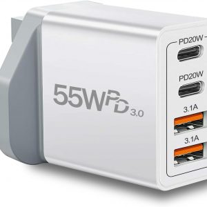 UK Travel Plug Adapter, Type G Plug Adapter 55W 4 Port UK USB C Charger Fast Charging Block UK Ireland Plug Charger for iPhone 17 16 15 14 13 12 11 Pro Max X 8, Galaxy, LG, Pixel, Android