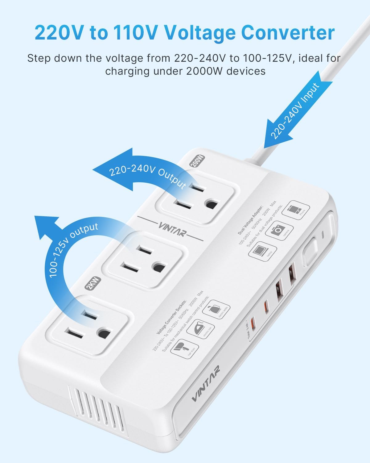 220V to 110V Voltage Converter, VINTAR 2000W Universal Travel Adapter Voltage Converter US to Europe, International Step Down Transformer Power Converters Adapter Combo for EU UK JP AU in SA - Image 7