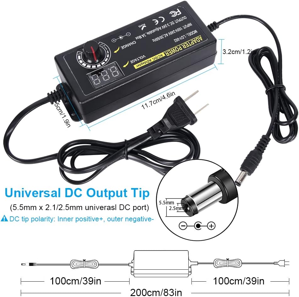 72W Power Supply Adjustable DC 3V ~ 24V Variable Universal Switching AC/DC Adapter 100V-240V AC to DC Converter with LED Voltage Display and 14 Tips, for 3V to 24V Household Electronics - 3000mA Max - Image 5