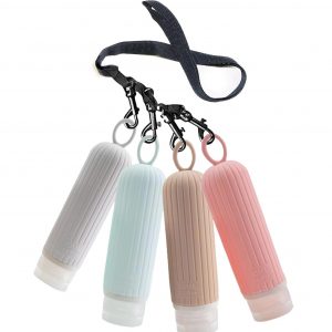 SANTREST Refillable Bottles Leak Proof Camping Travel Containers with Shower Lanyard,3oz TSA Approved Squeezable Silicone Travel Tube Set for Gym Shampoo Lotion Soap