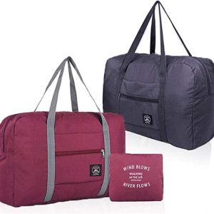 2 Pack Foldable Travel Bag Waterproof Travel Duffel Bag,Women Ladies Man Canvas Weekender Bag Overnight Carry-on Tote Duffel in Trolley Handle (Black&Rred)…