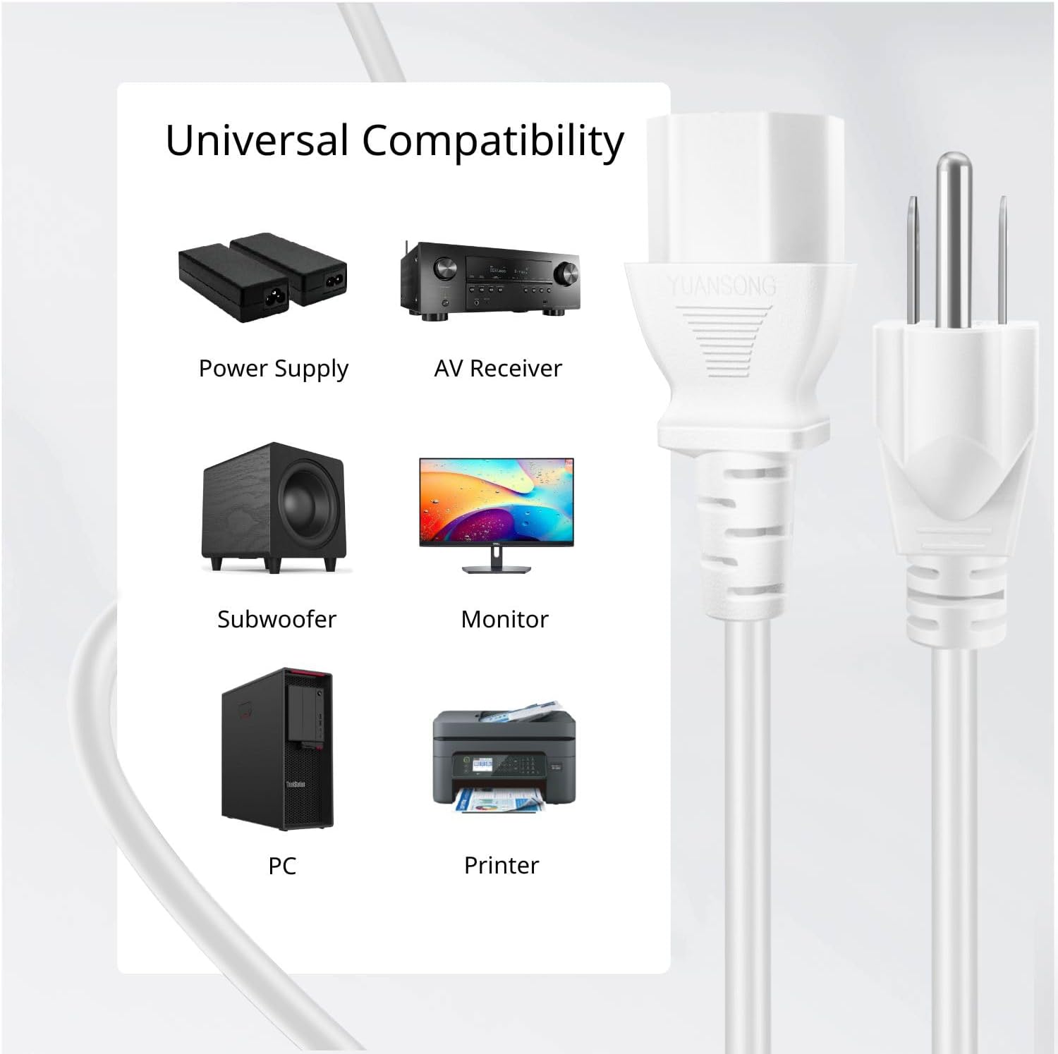 TNP Universal Power Cord (10 Feet) - NEMA 5-15P to IEC320C13 Power Cable Wire Connector Socket Plug Jack - White - Image 4