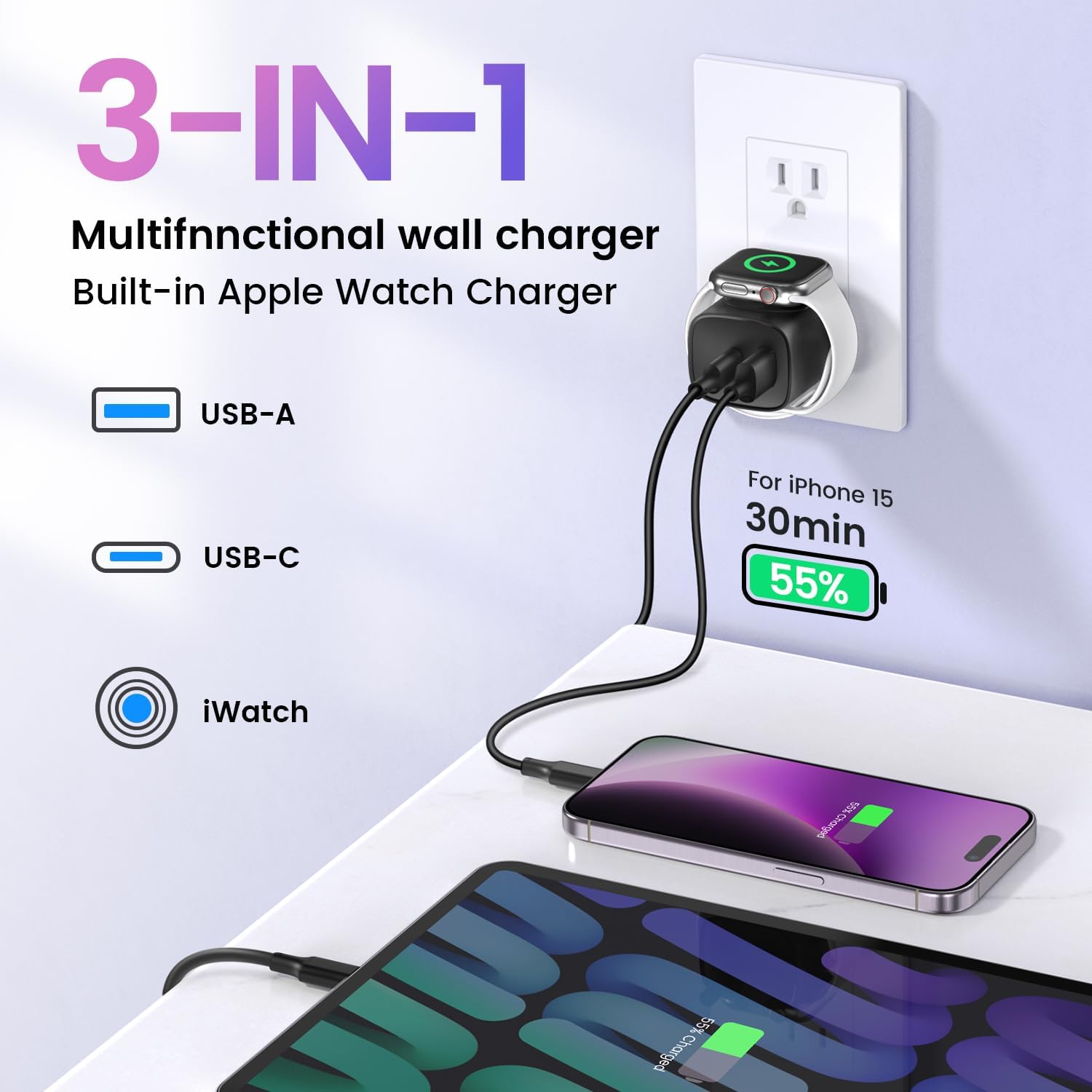 Charger for Apple Watch, USB C Charger Block, 3-in-1 20W Fast Charging, Portable Plug Travel Essential Charge for iWatch Ultra/SE/ 10/9/ 8/7/ 6, iPhone 16/16 Pro/ 15 Series, White - Image 4