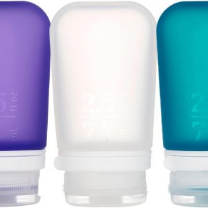 humangear GoToob+ 3-Pack (Medium) | Refillable Silicone Travel Bottle | Locking Lid | Food-Safe Material, Clear/Purple/Teal, Medium (2.5 fl.oz.; 74ml)