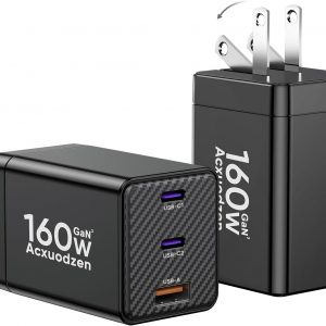 [2 Pack] USB C Charger Block 160W, 3-Port GaN Super Fast Charger, Dual 65W Type C Charging Block, Foldable QC3.0 Laptop Fast Charging Adapter for MacBook, iPhone, Samsung, Galaxy, iPad, Android, Black