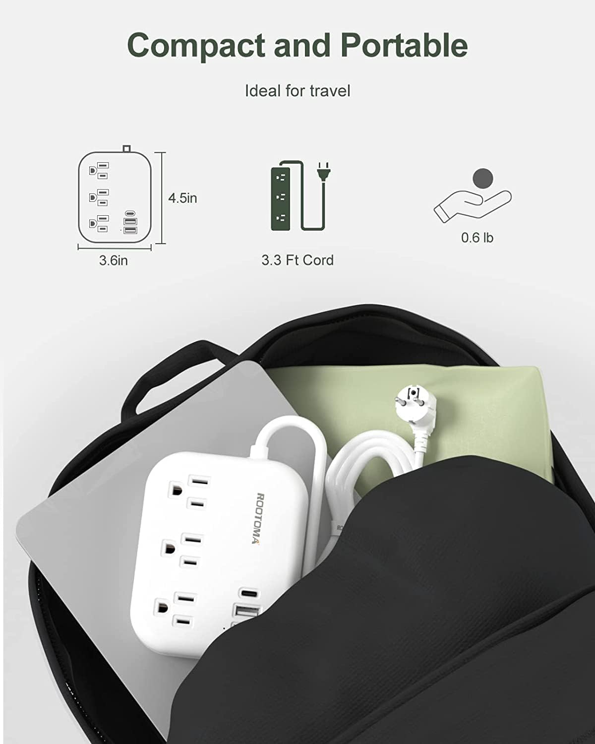 European Travel Plug Adapter, ROOTOMA 6ft International Power Strip 3 American Outlets, 3 USB Charger, US to Europe Plug Aadaptor, US to EU Power Adapter, for Spain France Germany Iceland, White - Image 8
