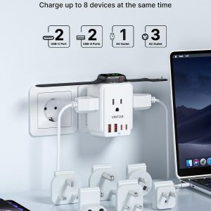 Universal Travel Adapter Kit, VINTAR International Power Adapter for Apple Watch Charger with 3 AC Outlets 4 USB Ports (2 USB C), Type A/C/D/G/I/M Detachable Plugs, US to Europe/UK/India/Africa