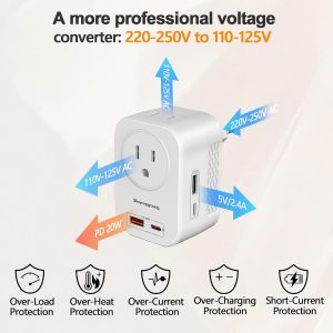 Voltage Converter US to Europe, 220V to 110V Converter for European Travel, Universal Travel Adapter with 20W PD, 2 Type-C Port 2 USB-A, Power Plug Combo for Germany France Italy – White