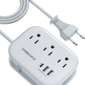 European Travel Plug Adapter USB C, Popowell International European Plug Adapter, 4 FT Travel Power Strip with 3 Outlets & 3 USB, Type C Power Adapter Travel Essential for Italy Spain France Germany.