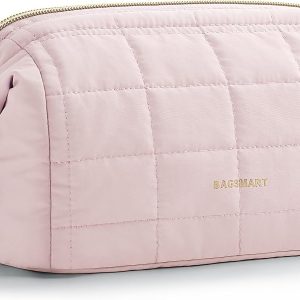 BAGSMART Makeup Bag Travel Toiletry Bag, Puffy Padded Make Up Bags for Women Makeup Organizer Case, Wide-open Pouch Purse Travel Essentials Toiletries Accessories Brushes, Pink