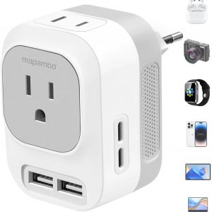Mapambo Voltage Converter US to Europe Travel: International Universal Travel Adapter with Fast Charging 2 USB-A 2 USB-C Port Worldwide Power Converters Plug Combo for Spain Italy
