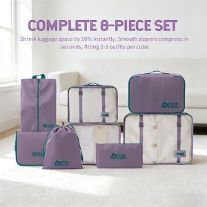 8 Piece Expandable Packing Cubes Set with Hanging Waterproof Toiletry Bag – Compression Travel Organizers for Airplane Essentials, Lightweight Luggage Storage for Carry On Suitcase(Purple)