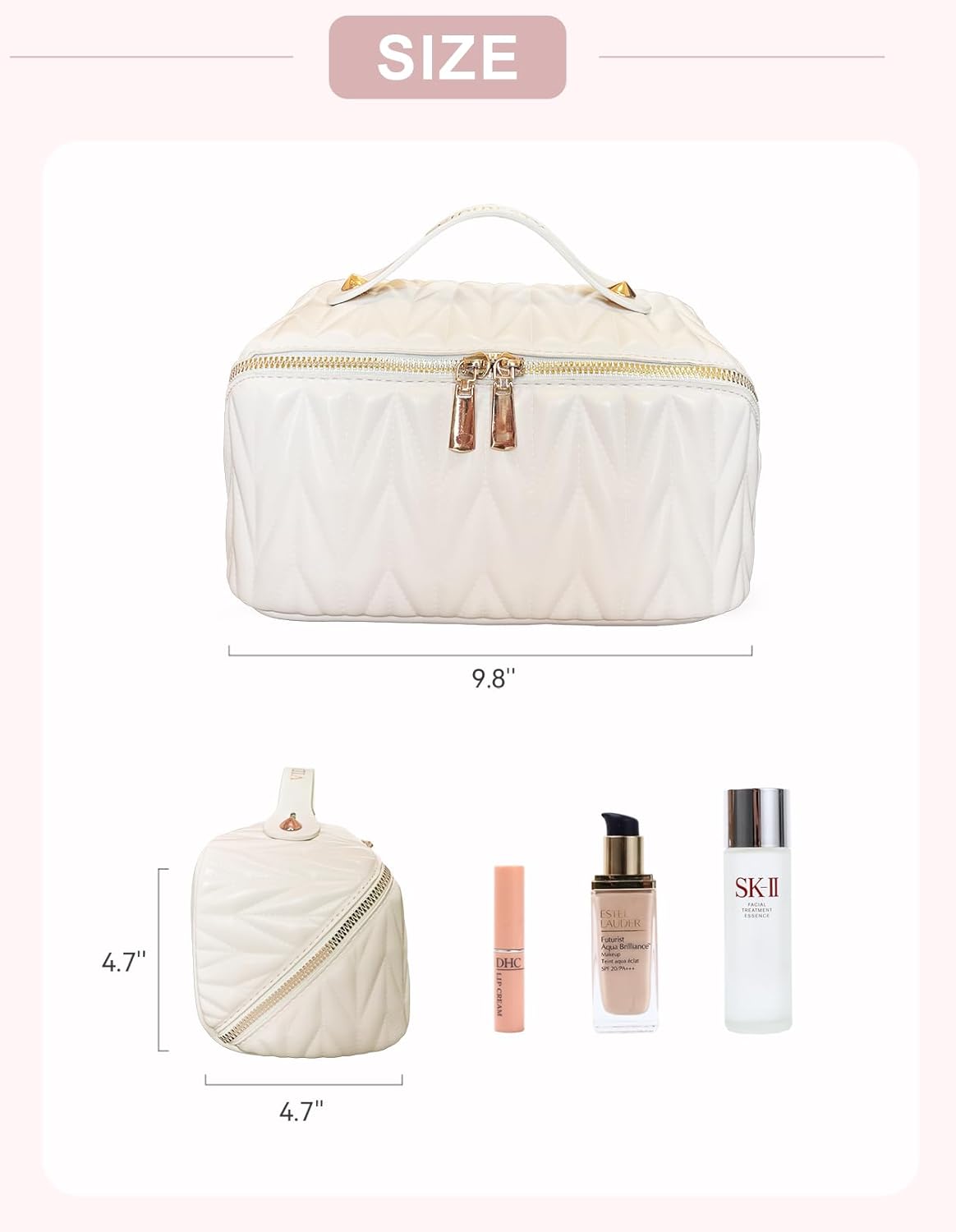 Travel Makeup Bag for Women, Large Capacity Cosmetic Bags for Girls, Compact Pouch Make up Organizer, Waterproof Toiletry Bag with Divider and Handle (White) - Image 6