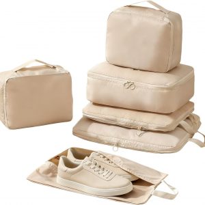 Wmazio 6 Set Compression Packing Cubes for Suitcases, Lightweight Luggage Organizer Bags Set for Travel Essentials, Compressible Expandable Travel Packing Organizer, Travel Cubes for Carry on (Beige)