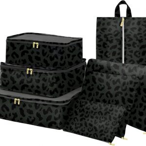 BHAHB 7 Set Packing Cubes Travel Luggage Organizers for Suitcase Travel Accessories with Shoe Bag for Women Girls Aesthetic Cute-Black Leopard Cheetah Pattern