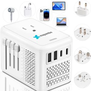 220V to 110V Voltage Converter US to Europe for Hair Dryer with Fast Charging 2 USB 2 USB C, Power Converter Adapter Combo International Travel Adapter A C G I (White)