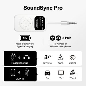 SoundSync Pro Bluetooth Transmitter & Receiver for Airplane, Easy Setup Bluetooth Audio Transceiver for 2 BT Devices, Volume Control, RCA for TV