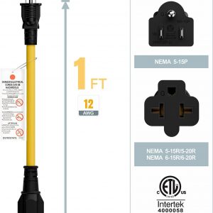 [4-in-1] 12AWG 15 Amp Household AC Plug to 20 Amp T Blade Adapter Cable, NEMA 5-15P to 5-15R/ 5-20R/ 6-15R/ 6-20R, 4 in 1 AC Adapter,15A 125V to 20A 250V Extension Cable, 1FT