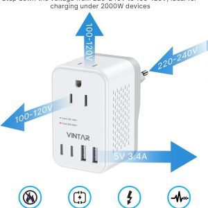 220V to 110V Travel Voltage Converter US to Europe, VINTAR 2000W Foldable European Travel Plug Adapter with 4 USB (2 USB C), Converter for European Travel for Hair Dryer Straightener Curling Iron