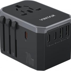Universal Travel Adapter, VINTAR 70W GaN International Power Adapter with 5 USB Ports (3 USB-C), Worldwide Travel Plug Adaptor, All in One Travel Essentials Outlet Converter for UK/EU/USA/AUS, Black