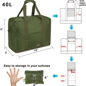Foldable Travel Duffle Bag with Trolley Sleeve 40L – 18x14x8 inches Airline Underseat Lightweight Travel Bag – Packable Ripstop Nylon Carry on Bag (Army Green)