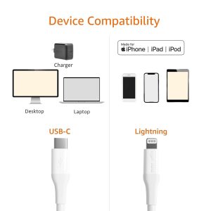 Amazon Basics MFi Certified USB-C to Lightning Fast Charging Cable for Apple iPhone, Nylon Braided, 10 ft, White