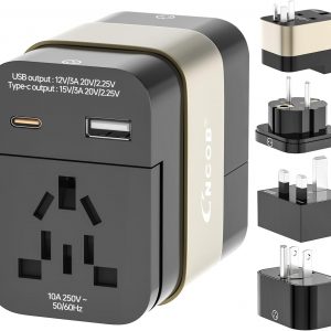 Universal Travel Adapter & Converter 2500W – 45W USB-C Fast Charging, 4 in 1 International Power Plug with 2 USB Ports, High Power for Hair Dryer/Laptop, Compact & Safe (Type A/UK/EU/AU)