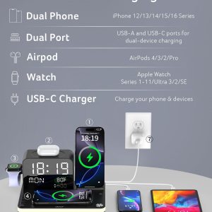 acer 7-in-1 Wireless Charging Station: Charger Stand for Multiple Devices for Apple – iPhone 16 15 14 13 12 Pro Max Apple Watch Airpods, Wireless Charger iPhone Charging Station with Bluetooth TimeSyn