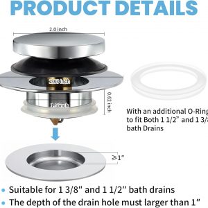 Universal Bathtub Drain Stopper,Bathroom Tub Drain Plug Pop Up,Replaces Bath Tuh Lift and Turn, Tip-Toe and Trip Lever, Solid Brass, Suitable for 1 3/8″ and 1 1/2″ Bath drains