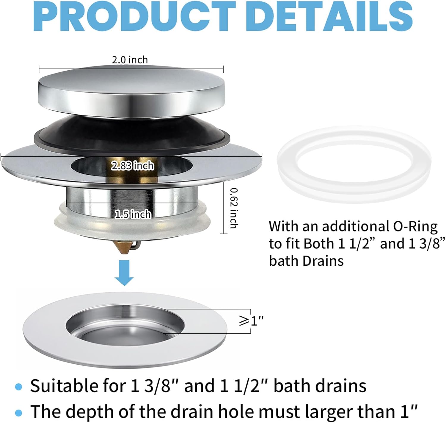 Universal Bathtub Drain Stopper,Bathroom Tub Drain Plug Pop Up,Replaces Bath Tuh Lift and Turn, Tip-Toe and Trip Lever, Solid Brass, Suitable for 1 3/8" and 1 1/2" Bath drains - Image 2