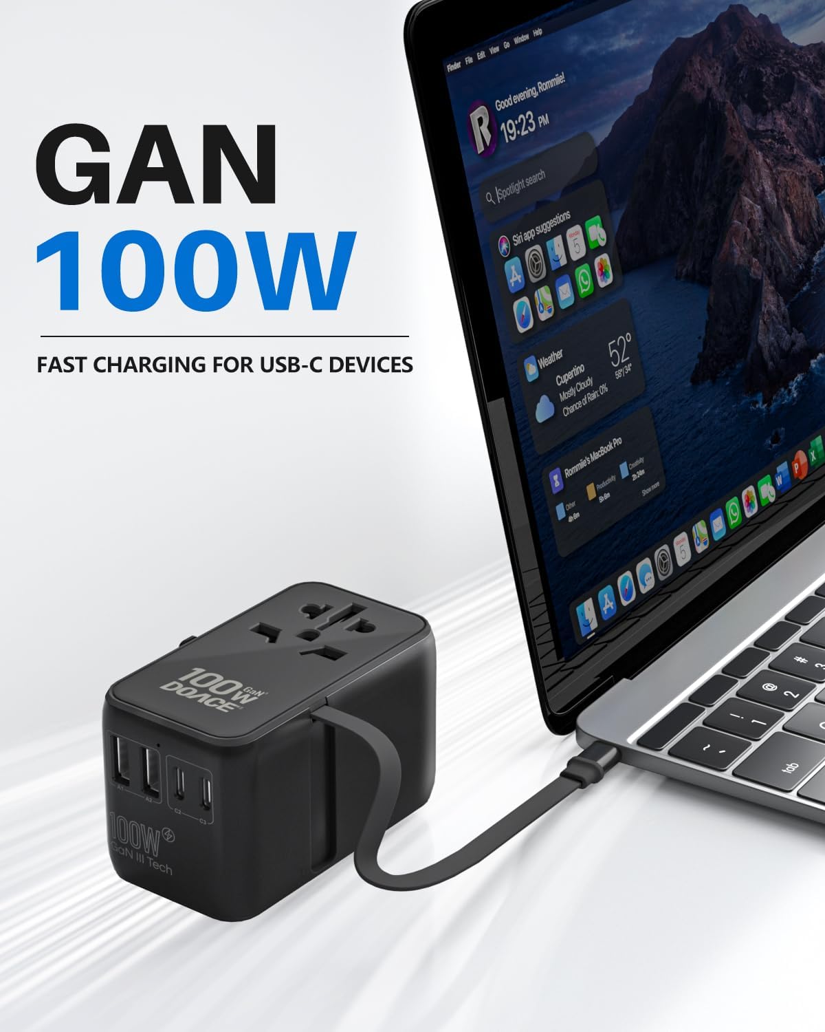 DOACE Universal Travel Adapter, 100W GaN 3.0 European Travel Plug Adapter with Built-in USB-C Cable, 6 in 1 International Power Adapter with 5 USB Ports for EU/UK/USA/AUS(Black) - Image 2
