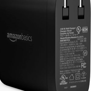 Amazon Basics 100W Four-Port GaN Wall Charger w/ 2 USB-C (100W,18W) & 2 USB-A Ports (12W) w/PD for Laptops, Tablets & Phones (iPhone 16/15/14/13/12/11/X, iPad, Mac, Samsung, and More), Non-PPS, Black