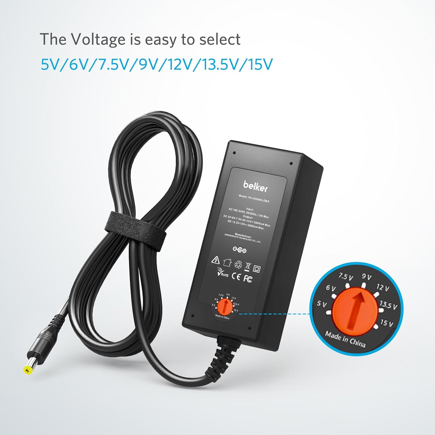 Belker 45W Universal 5V 6V 7.5V 9V 12V 13.5V 15V AC DC Adapter Power Supply for Household Eletronics LCD LED Strip Light Router HUB Speaker Smart Phone Tablet - Support Amps 0.5A 1A 2A 3A 3000mA Max. - Image 2
