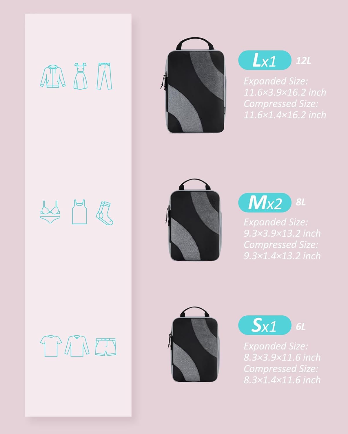 BAGSMART Compression Packing Cubes, 6 Set/4 Set/2 Set Travel Packing Cubes for Carry on Suitcases, Compression Suitcase Organizers Bag Set & Travel Cubes for Luggage, Lightweight Packing Organizers - Image 2