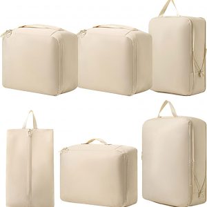 6-Pack Beige Compression Packing Cubes for Travel – Luggage Organizer Bags for Suitcases & Accessories