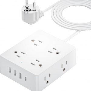 European Travel Plug Adapter, Olcorife US to Europe Type E/F Plug Adapter, International Power Strip with 8 Outlets and 4 USB(1 USB-C), 5 FT Cord for Germany France Iceland Spain